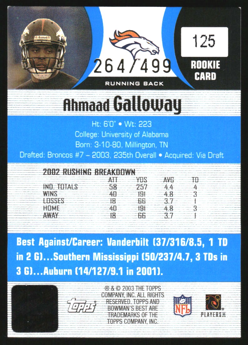 2003 Bowman's Best Blue #125 Ahmaad Galloway AU back image