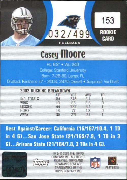 2003 Bowman's Best Blue #153 Casey Moore AU back image