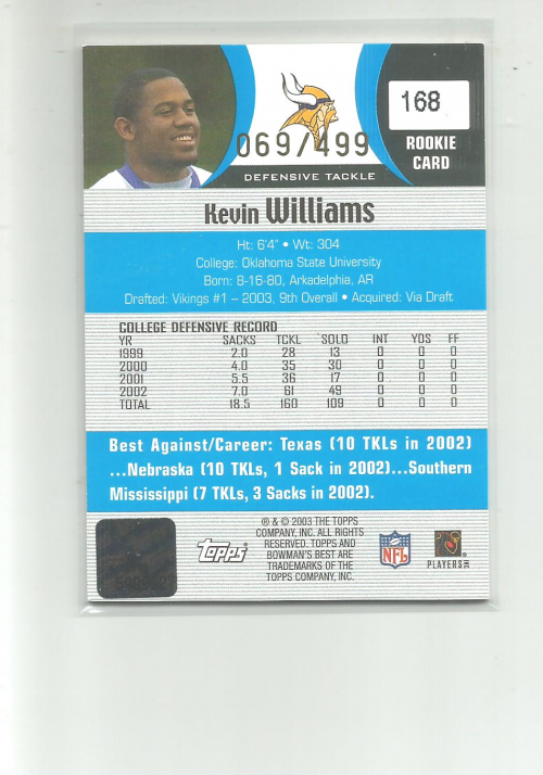2003 Bowman's Best Blue #168 Kevin Williams AU back image