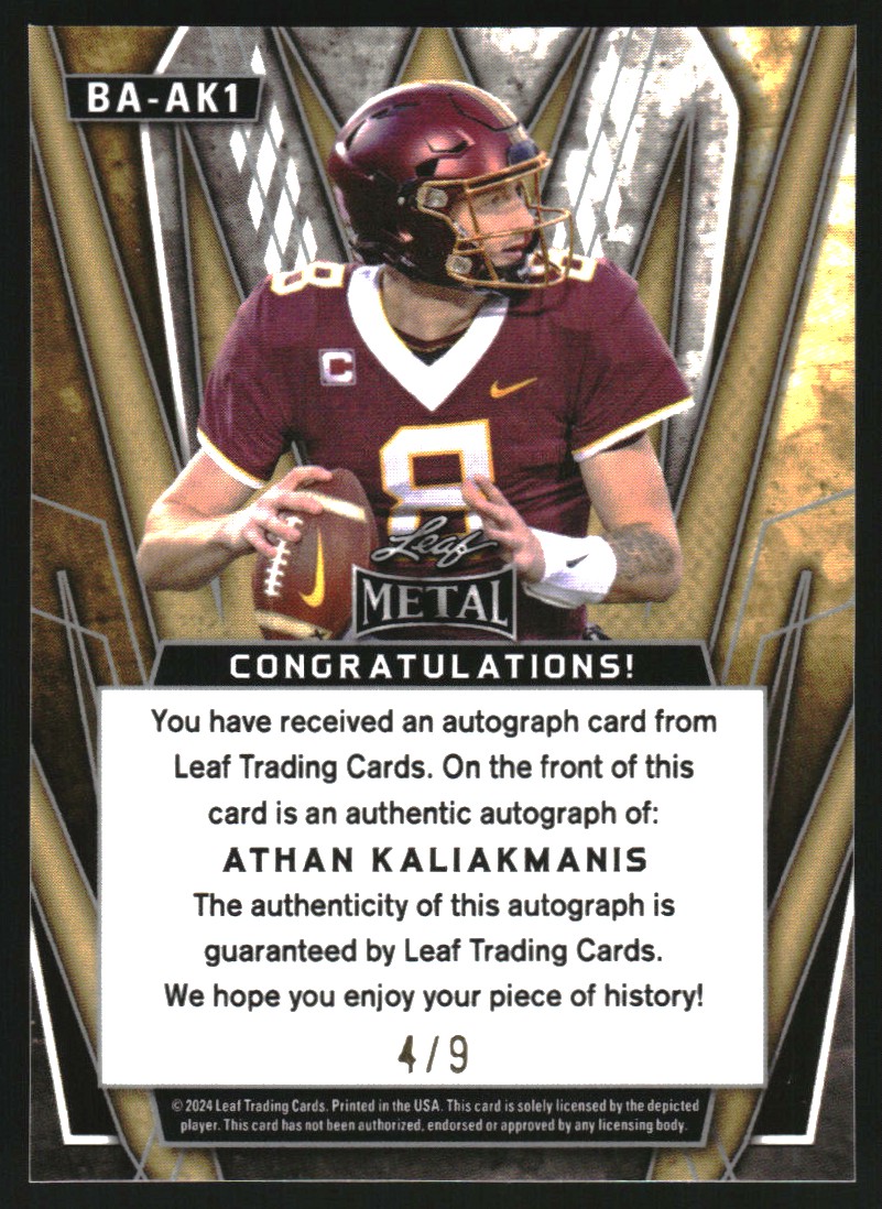 2024 Leaf Metal Autographs Prismatic Blue #BAAK1 Athan Kaliakmanis