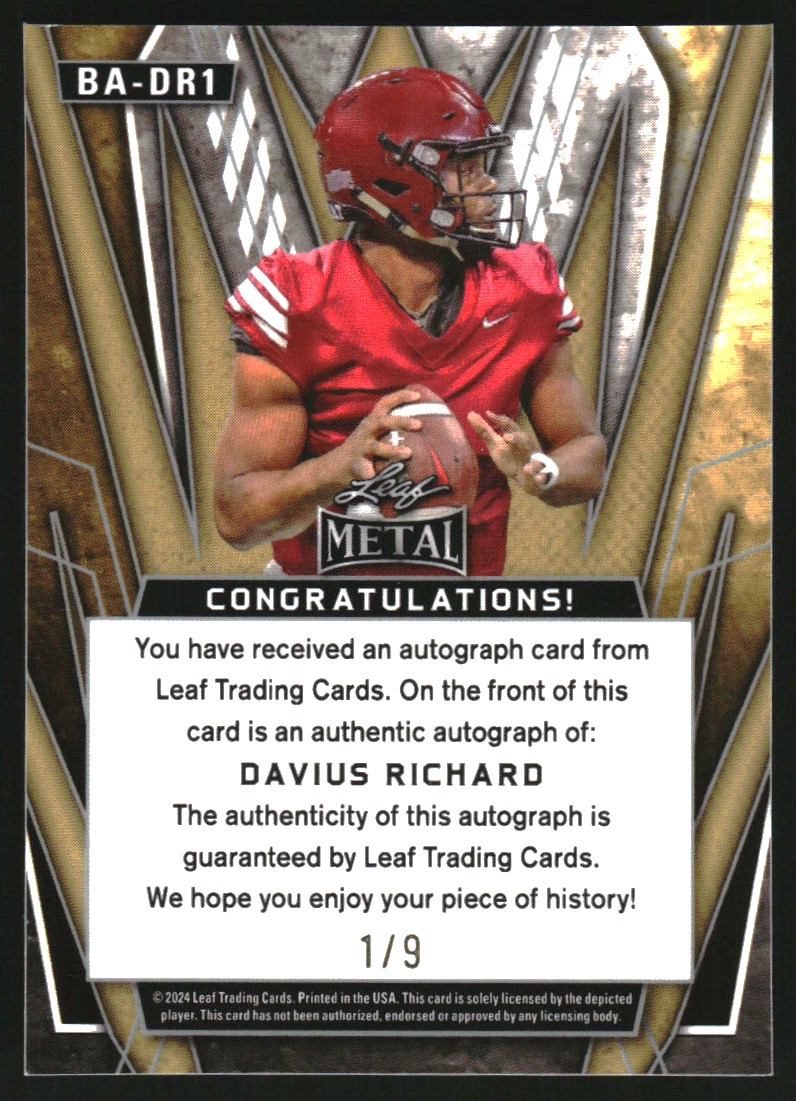 2024 Leaf Metal Autographs Prismatic Blue #BADR1 Davius Richard