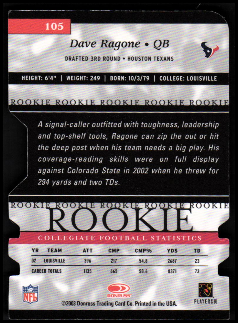 2003 Donruss Elite Turn of the Century Autographs #105 Dave Ragone back image