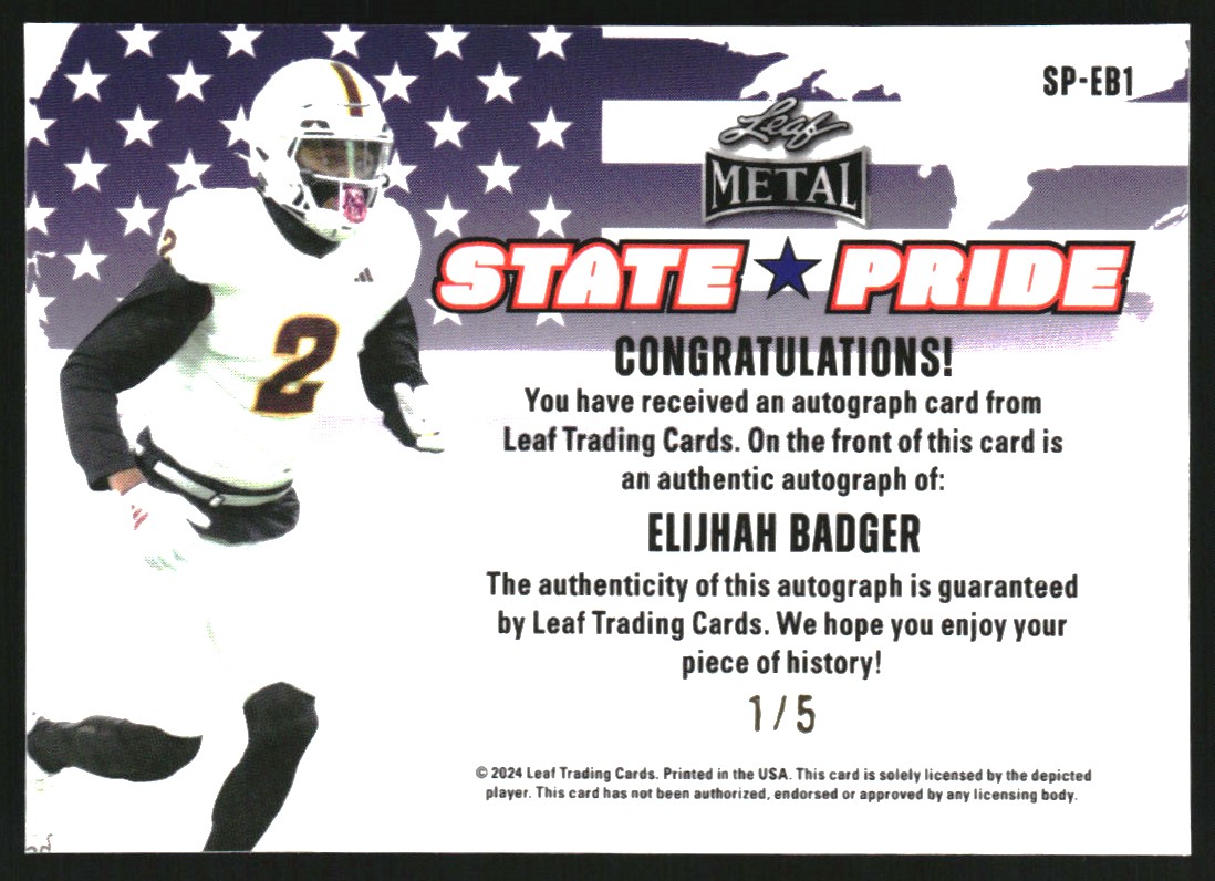 2024 Leaf Metal State Pride Autographs Wave Purple #SPEB1 Elijhah Badger