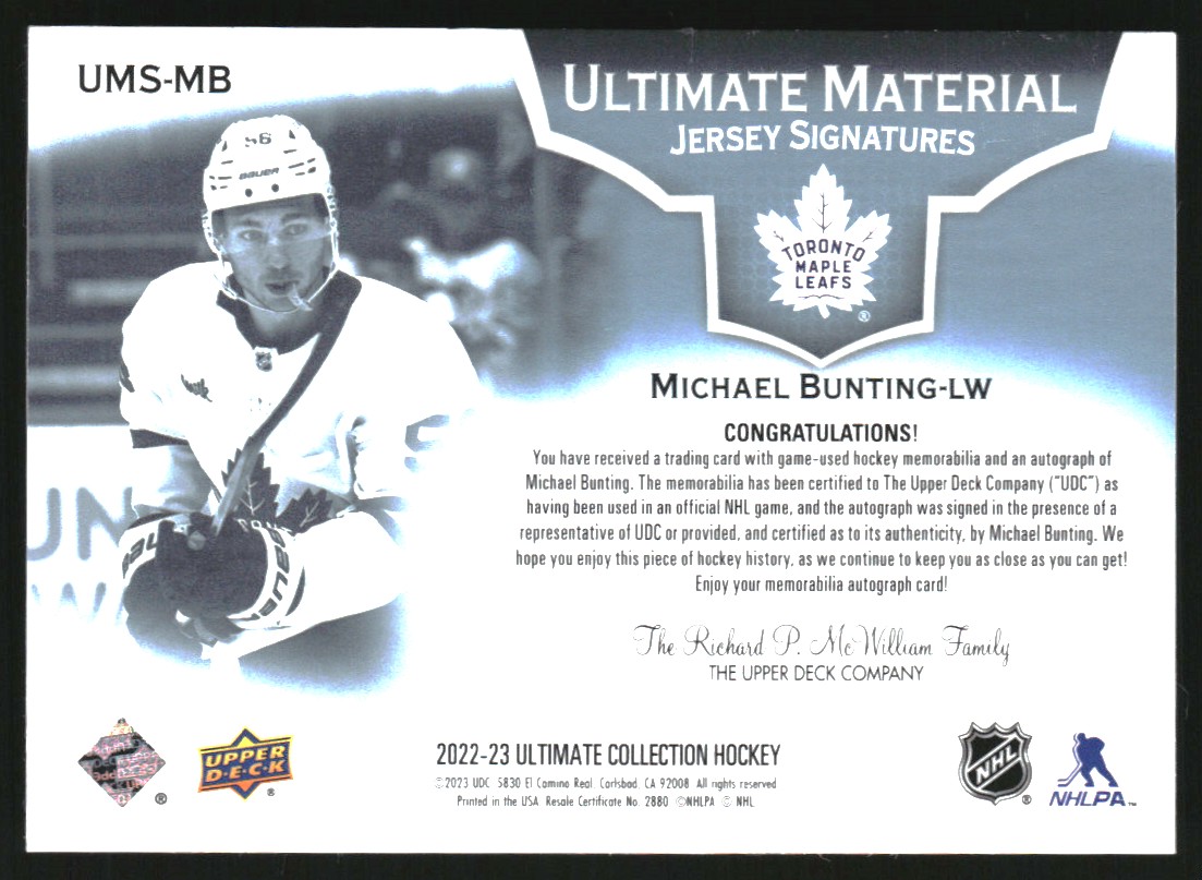 2022-23 Ultimate Collection Ultimate Material Signatures #UMSMB Michael Bunting/99