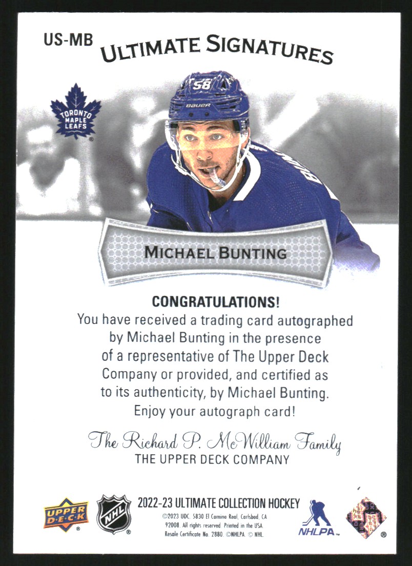 2022-23 Ultimate Collection Ultimate Signatures #USMB Michael Bunting