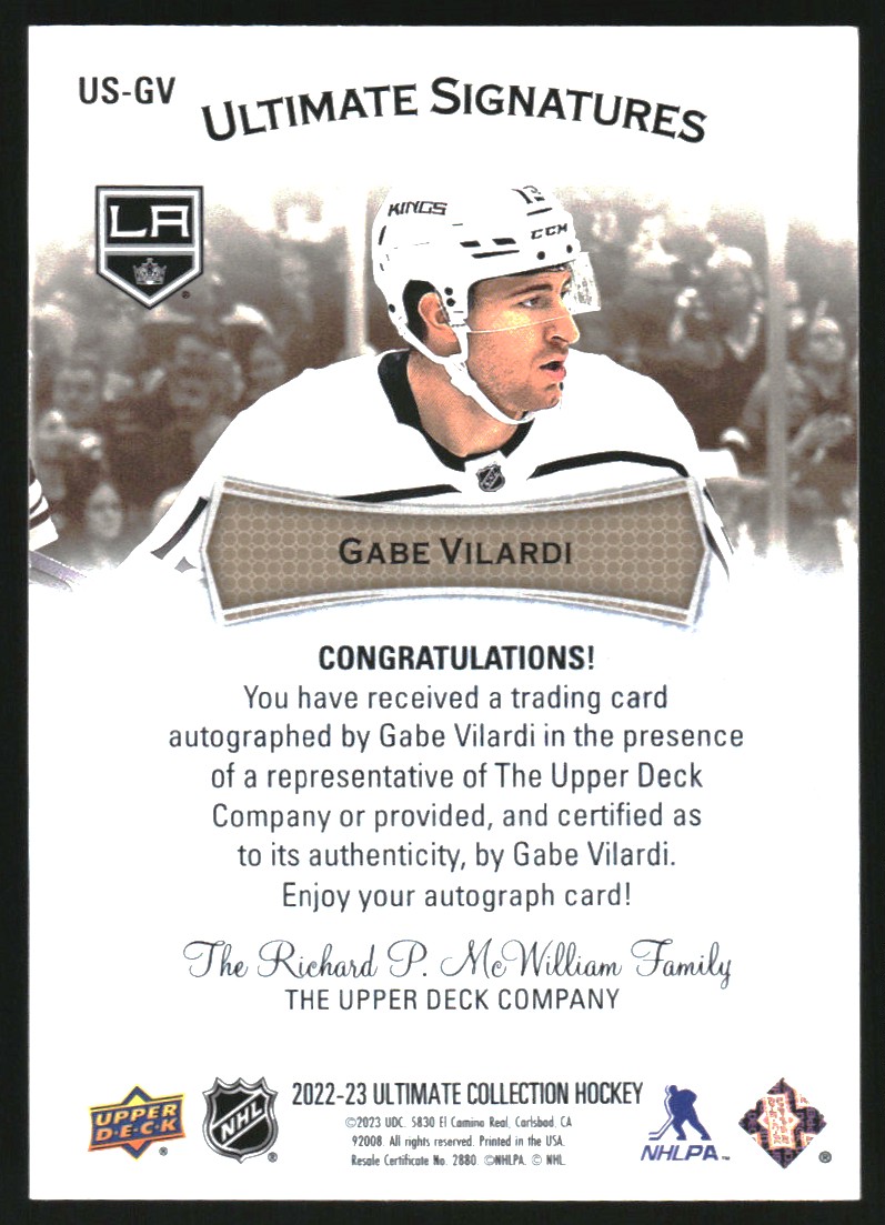 2022-23 Ultimate Collection Ultimate Signatures Gold #USGV Gabe Vilardi