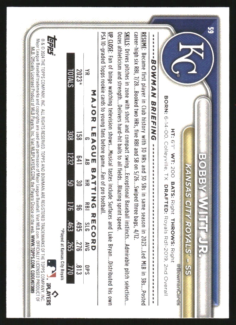2024 Bowman Fuchsia #59 Bobby Witt Jr.