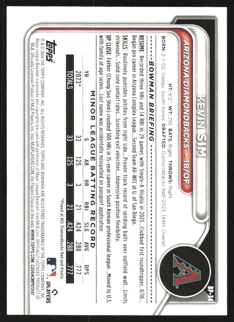 2024 Bowman Prospects Sky Blue #BP34 Kevin Sim /499