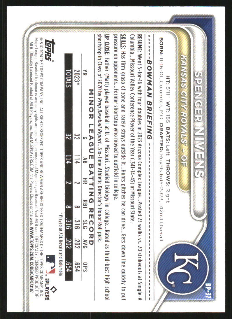2024 Bowman Prospects Sky Blue #BP37 Spencer Nivens /499