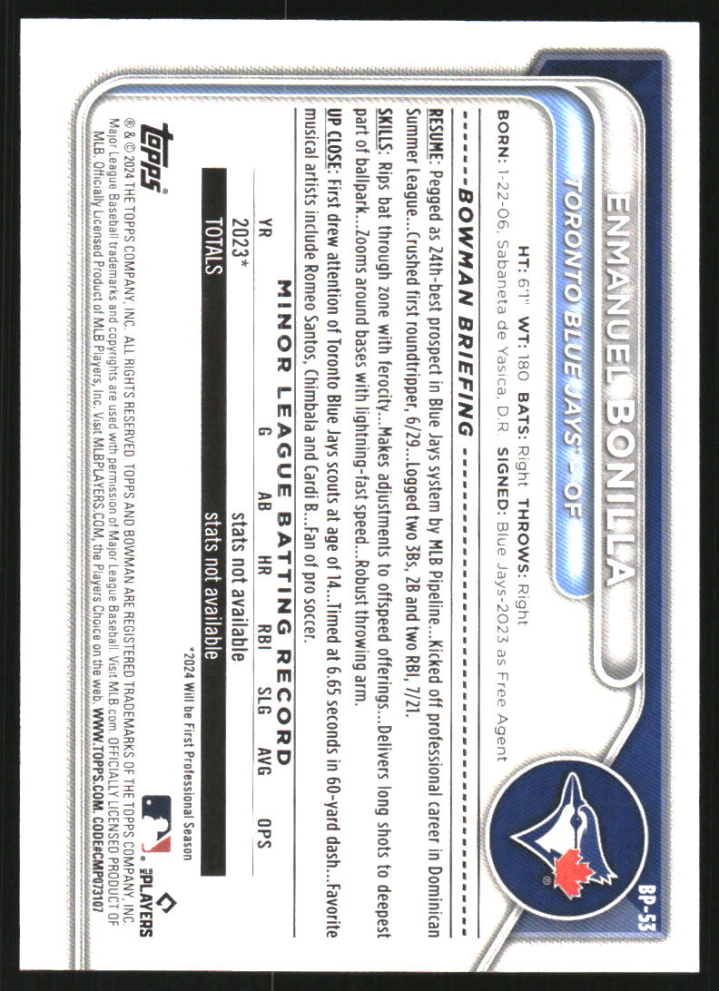 2024 Bowman Prospects Sky Blue #BP53 Enmanuel Bonilla /499