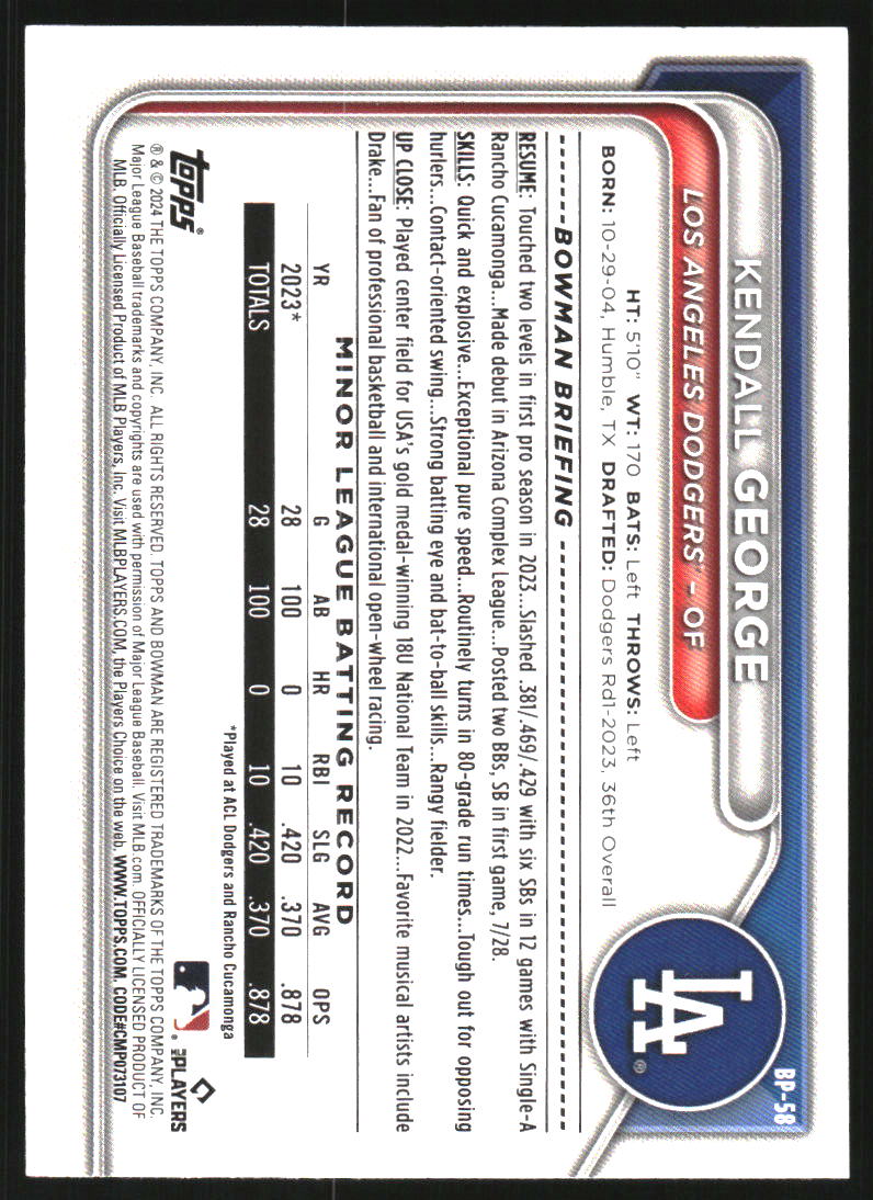 2024 Bowman Prospects Sky Blue #BP58 Kendall George /499