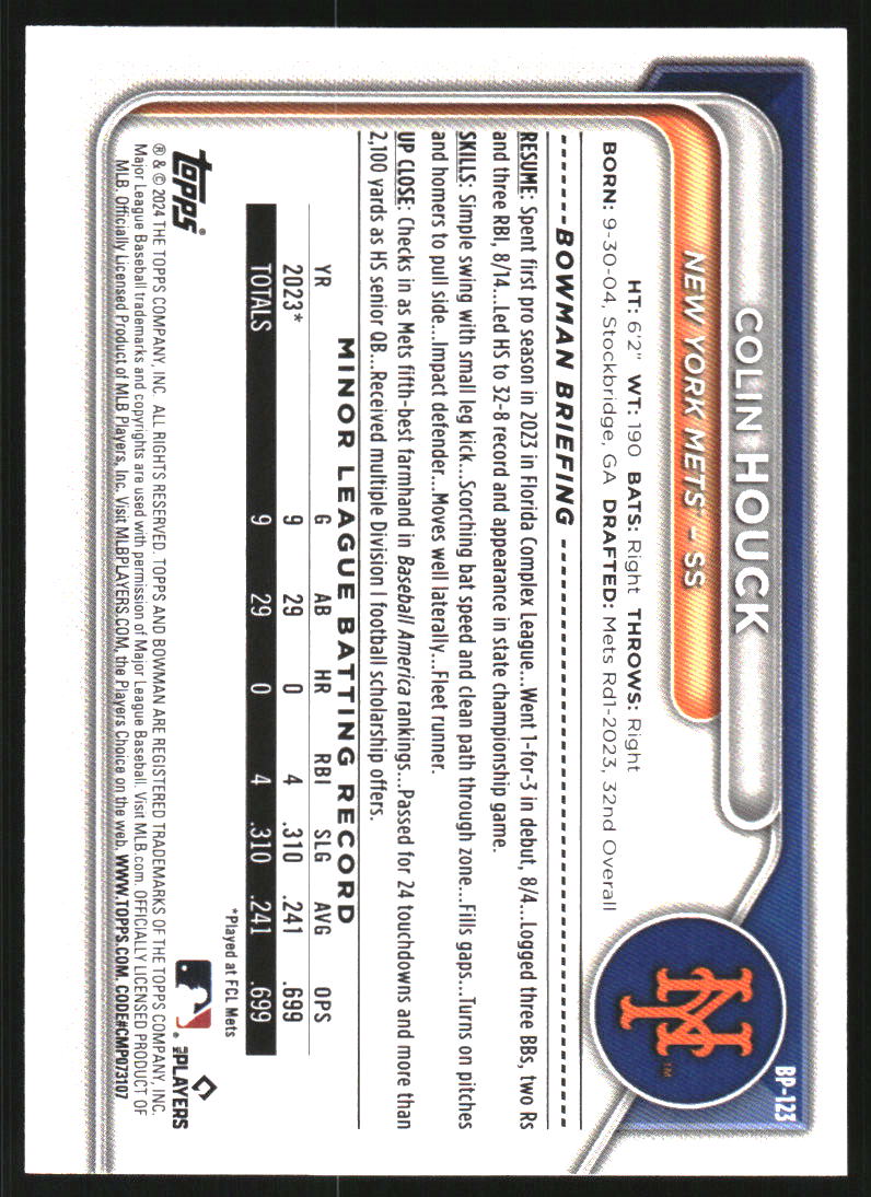 2024 Bowman Prospects Sky Blue #BP123 Colin Houck /499
