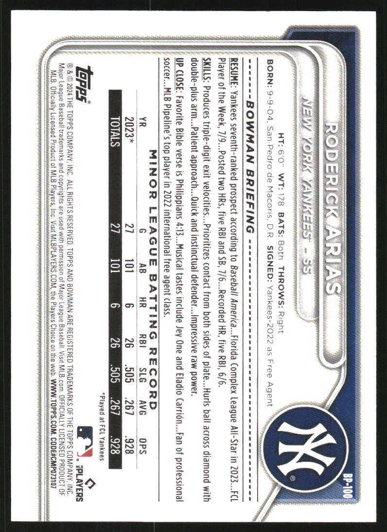 2024 Bowman Prospects Purple #BP100 Roderick Arias /250