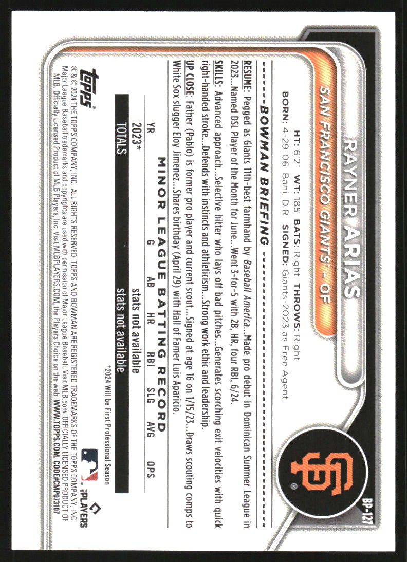 2024 Bowman Prospects Purple #BP127 Rayner Arias