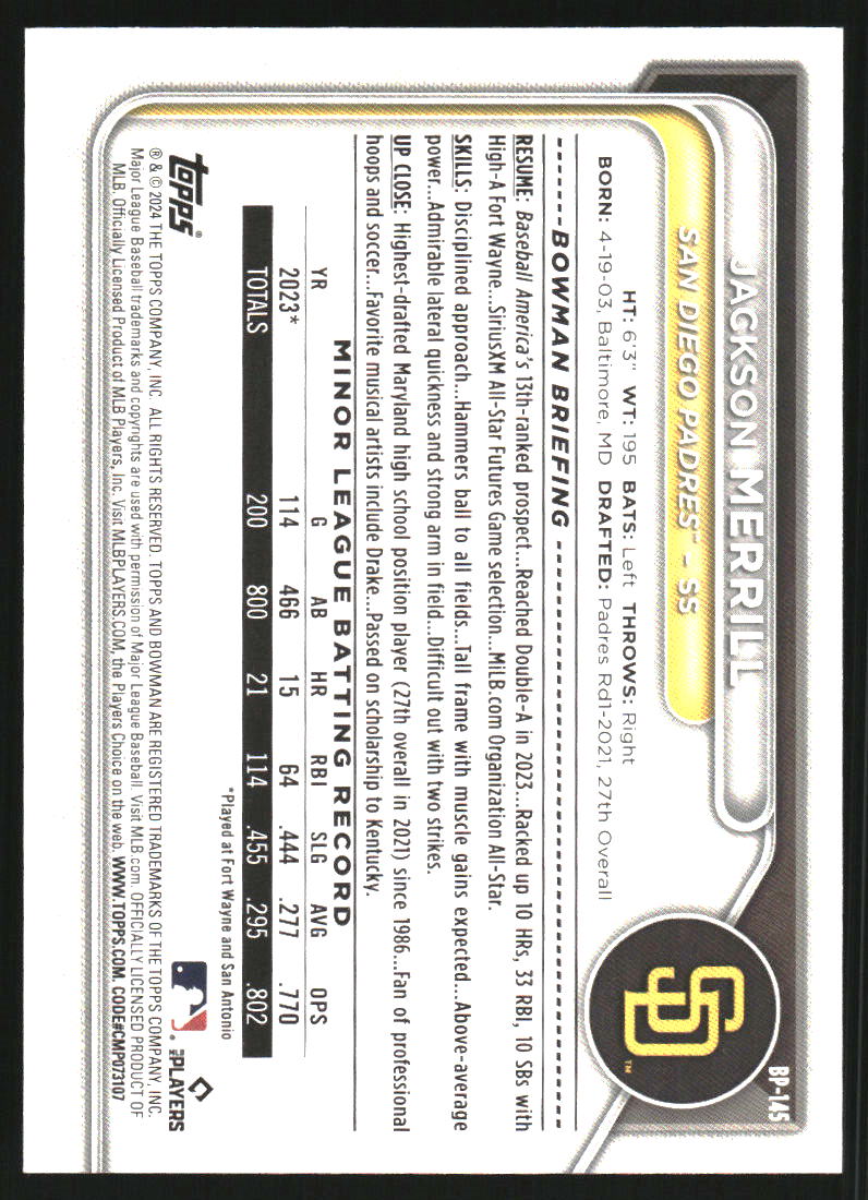 2024 Bowman Prospects Blue Pattern #BP145 Jackson Merrill /125