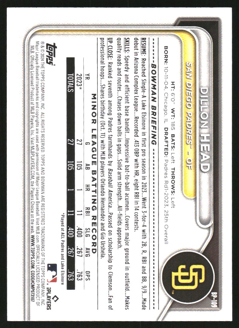 2024 Bowman Prospects Green Pattern #BP109 Dillon Head
