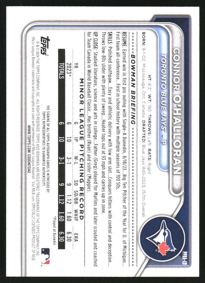 2024 Bowman Prospect Autographs #PPRACO Connor O'Halloran