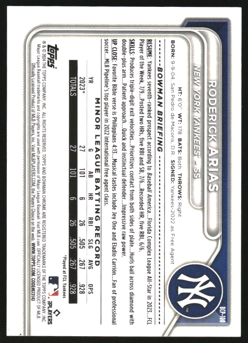 2024 Bowman Chrome Prospects Purple RayWave Refractors #BCP100 Roderick Arias