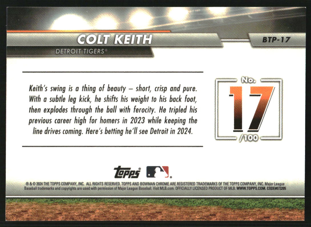 2024 Bowman Chrome Scouts Top 100 Aqua Refractors #BTP17 Colt Keith