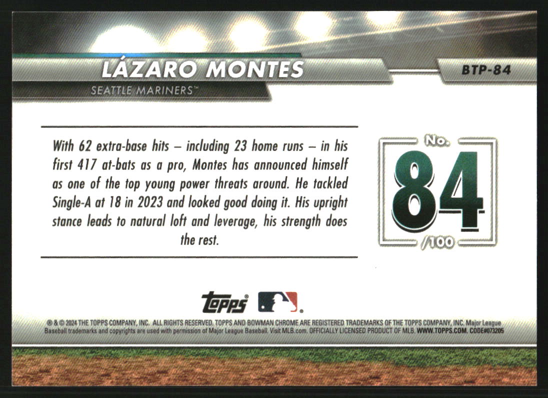 2024 Bowman Chrome Scouts Top 100 Aqua Refractors #BTP84 Lazaro Montes