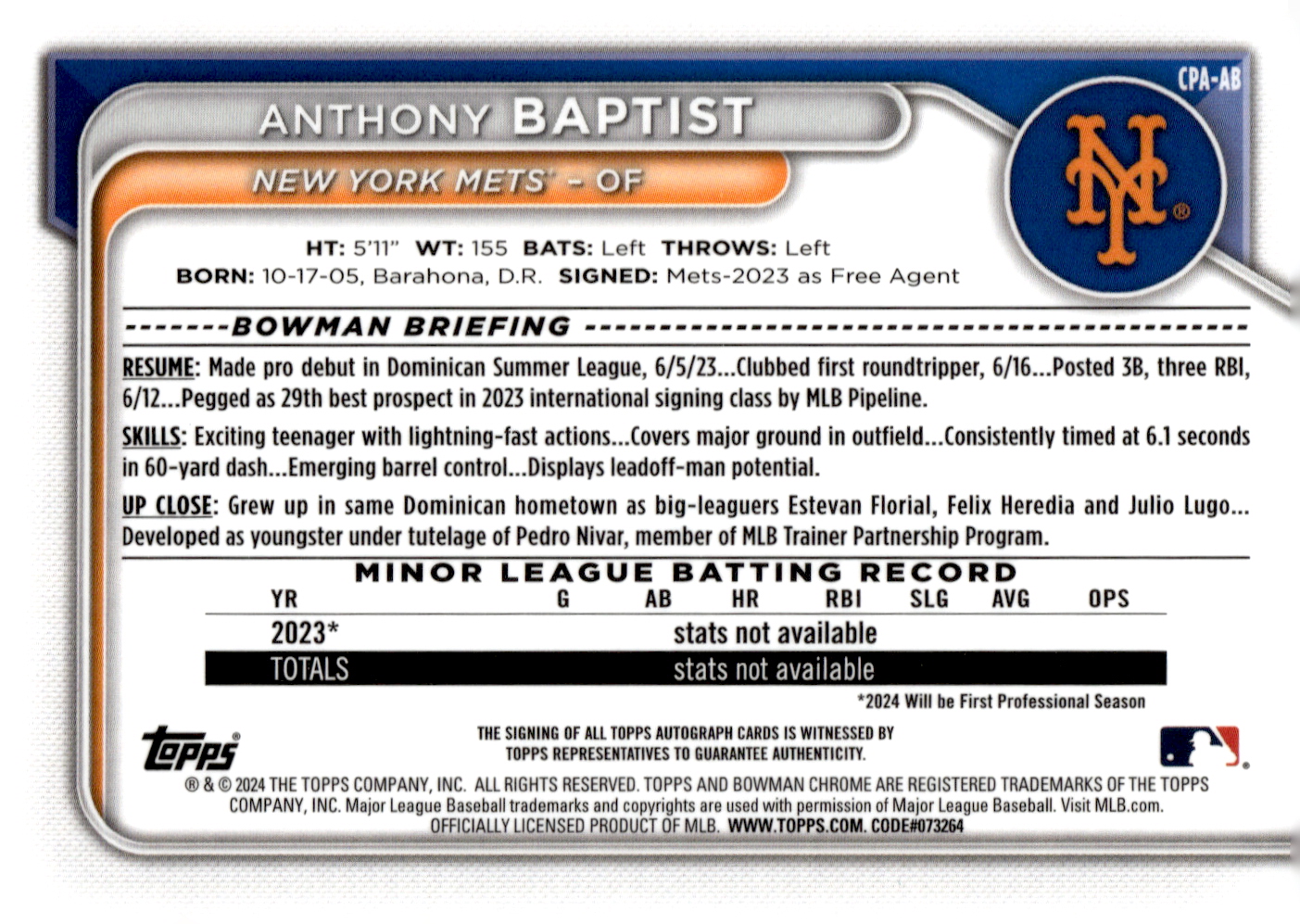 2024 BOWMAN CHROME PROSPECT AUTOGRAFI BASEBALL SINGOLI ASSORTITI U-PICK - Foto 3 di 25