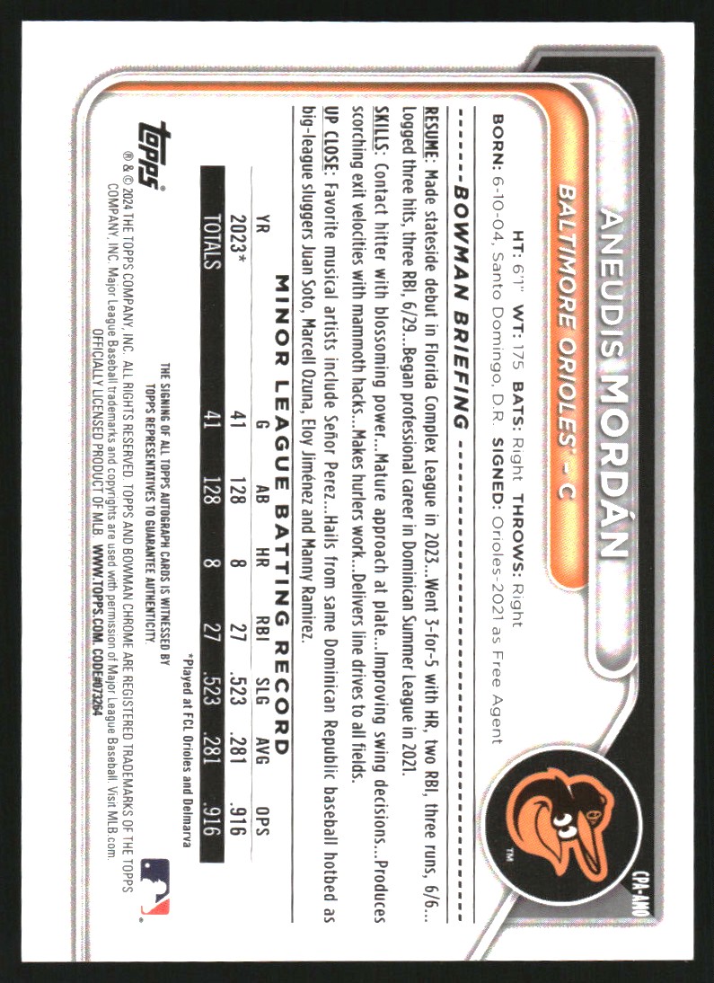 2024 Bowman Chrome Prospect Autographs #CPAAMO Aneudis Mordan