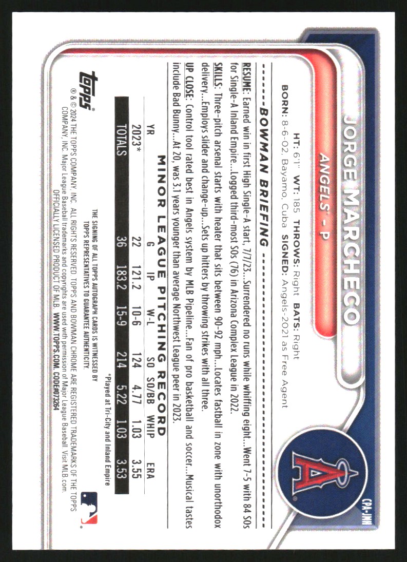 2024 Bowman Chrome Prospect Autographs #CPAJMH Jorge Marcheco Auto | eBay