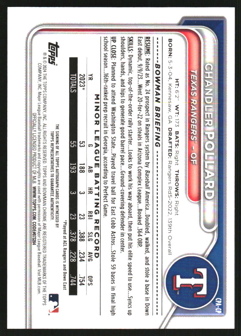 2024 Bowman Chrome Prospect Autographs Green Lava Refractors #CPACP Chandler Pollard Auto /99