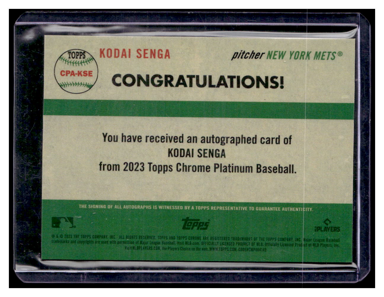 2023 Topps Chrome Platinum Anniversary Autographs Platinum Toile Cream Blue Refractors #CPAKSE Kodai Senga back image