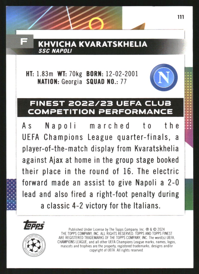 2023-24 Finest UEFA Club Competitions Purple Refractors #111 Khvicha Kvaratskhelia