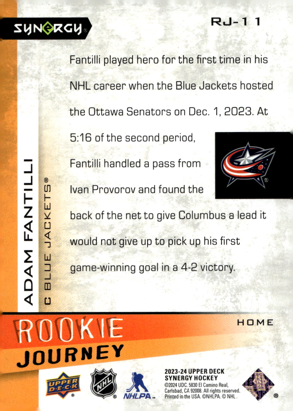 2023-24 Synergy Rookie Journey Home #RJ11 Adam Fantilli back image