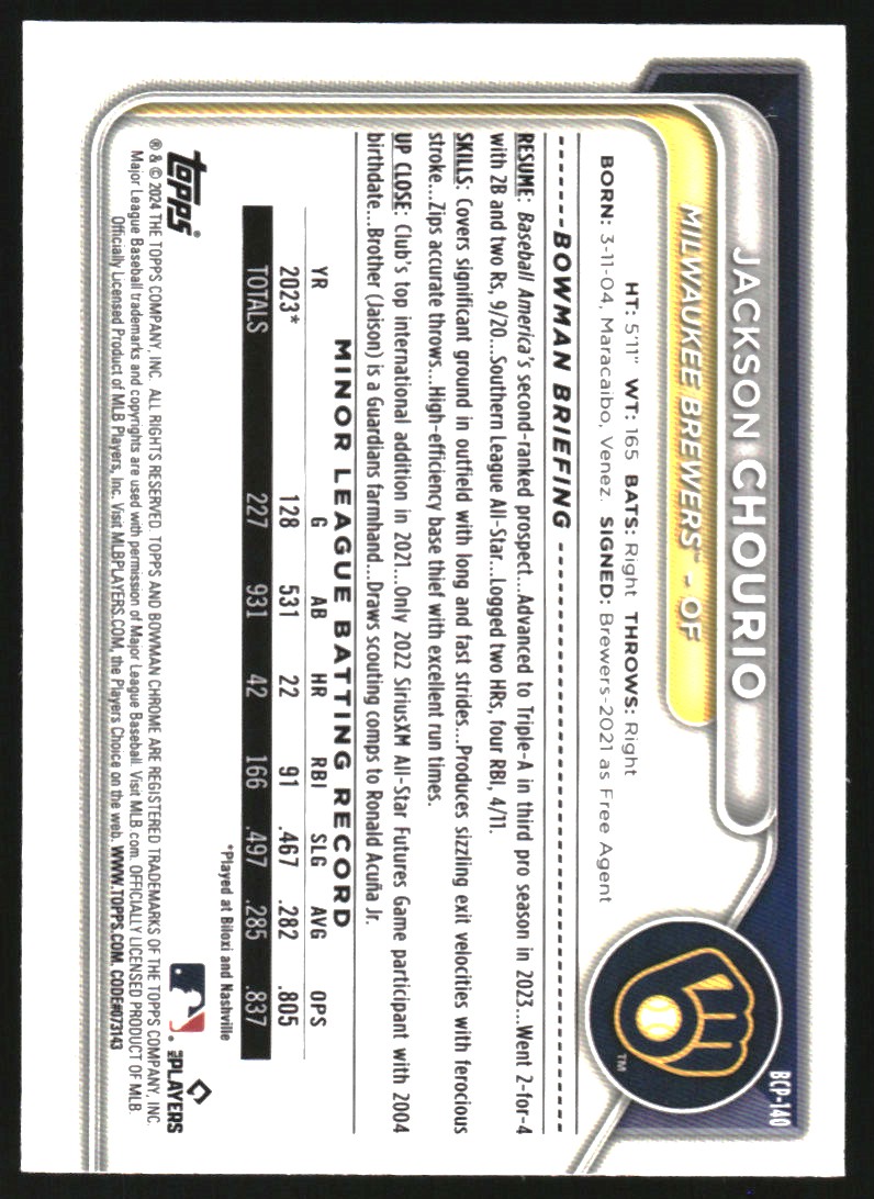 2024 Bowman Chrome Sapphire Prospects #BCP140 Jackson Chourio