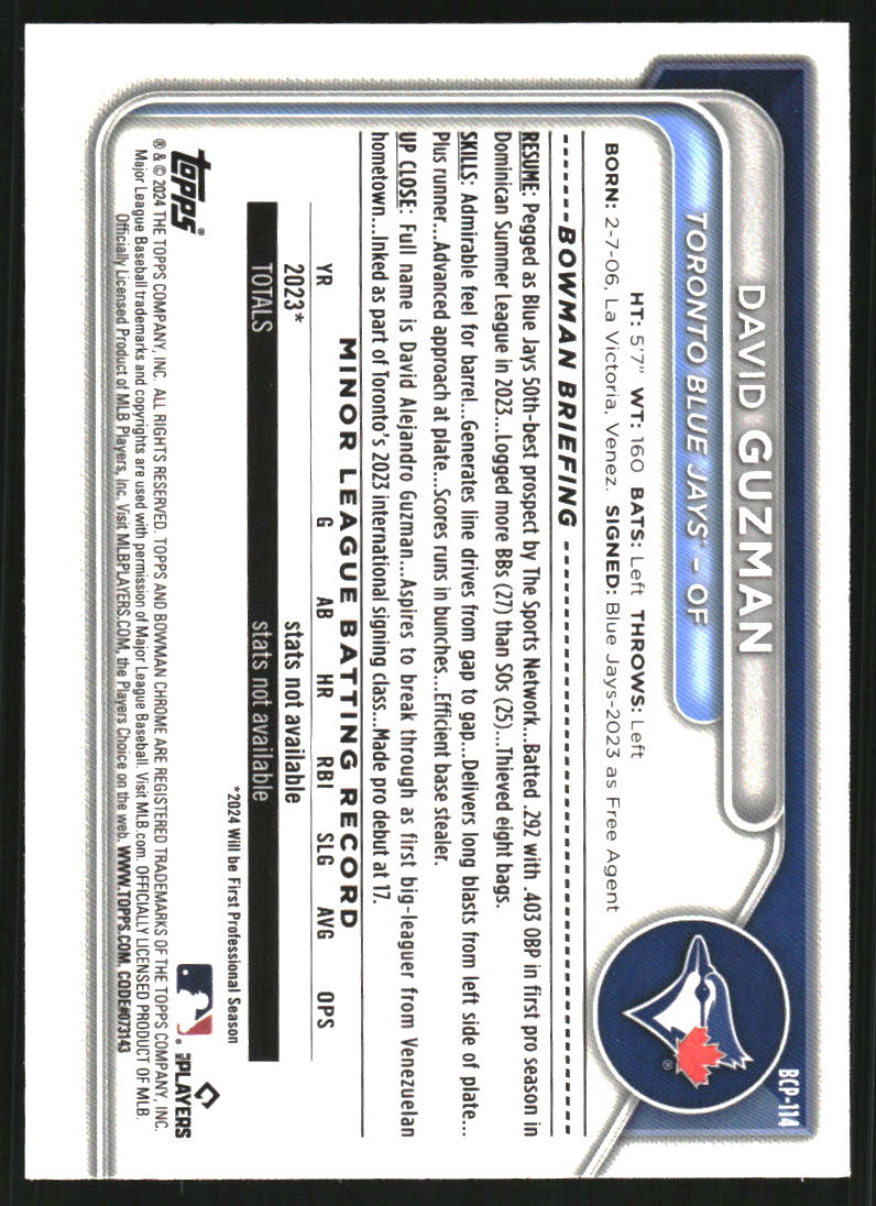 2024 Bowman Chrome Sapphire Prospects Green Refractors #BCP114 David Guzman /99