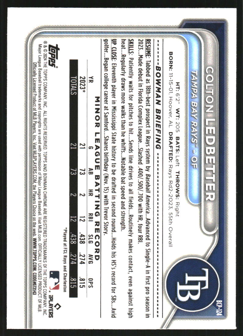 2024 Bowman Chrome Sapphire Prospects Yellow Refractors #BCP124 Colton Ledbetter /75