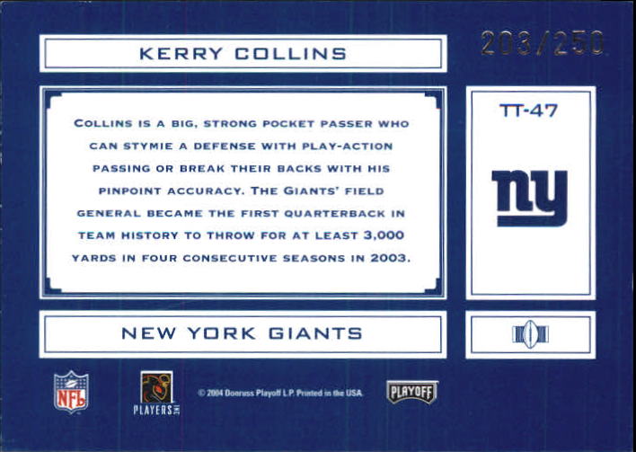 2004 Absolute Memorabilia Tools of the Trade #TT47 Kerry Collins back image