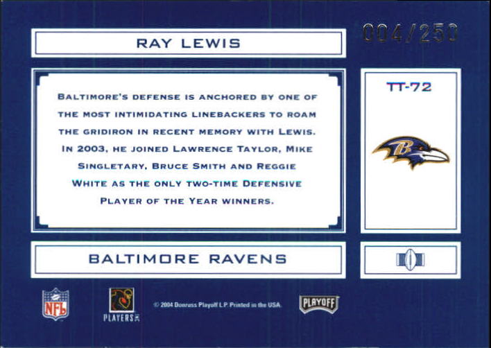 2004 Absolute Memorabilia Tools of the Trade #TT72 Ray Lewis back image