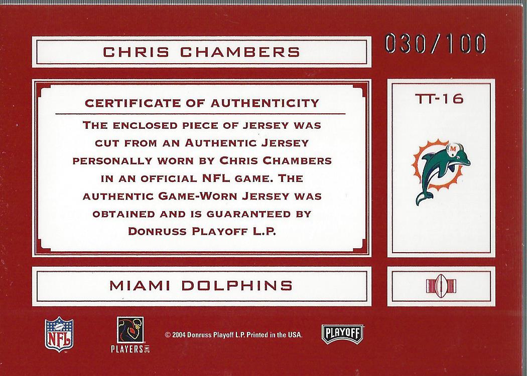 2004 Absolute Memorabilia Tools of the Trade Material Jersey #TT16 Chris Chambers AU back image