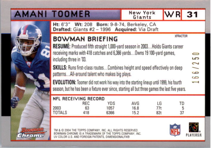 2004 Bowman Chrome Xfractors #31 Amani Toomer back image