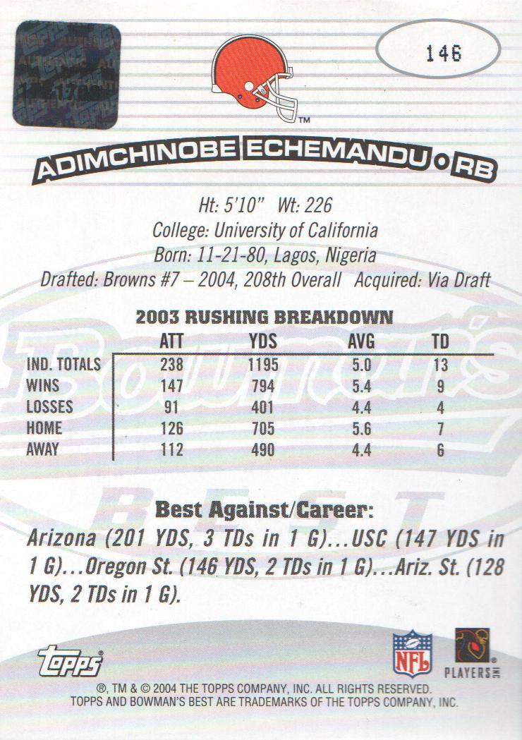 2004 Bowman's Best #146 Adimchinobe Echemandu AU RC back image
