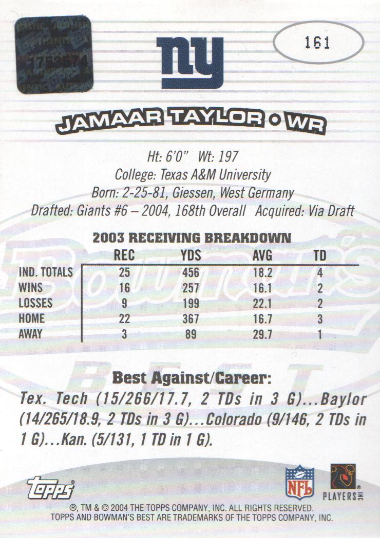 2004 Bowman's Best #161 Jamaar Taylor AU RC back image