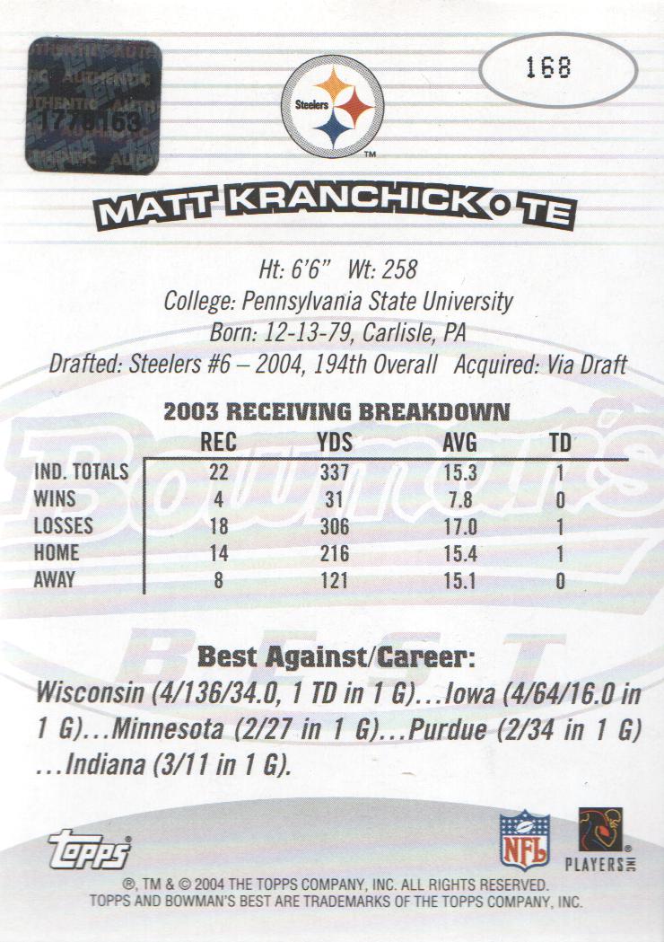 2004 Bowman's Best #168 Matt Kranchick AU RC back image