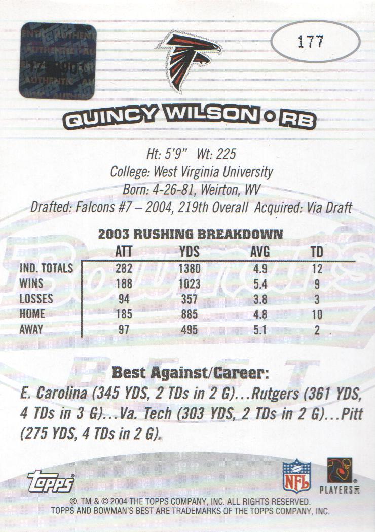 2004 Bowman's Best #177 Quincy Wilson AU RC back image