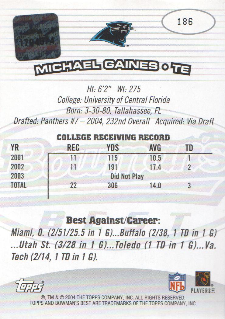 2004 Bowman's Best #186 Michael Gaines AU RC back image