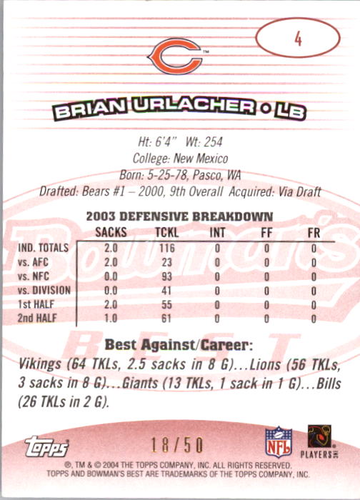 2004 Bowman's Best Red #4 Brian Urlacher back image