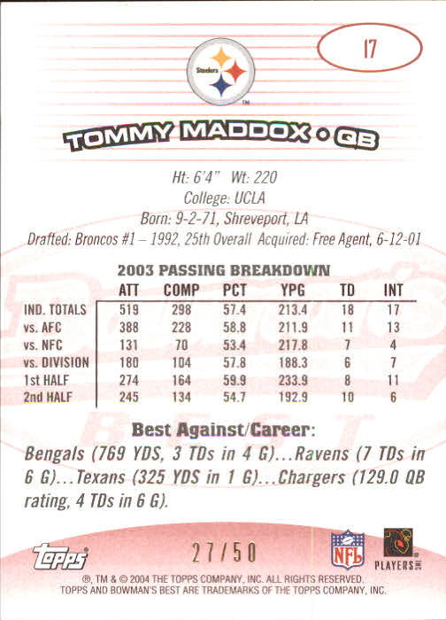 2004 Bowman's Best Red #17 Tommy Maddox back image
