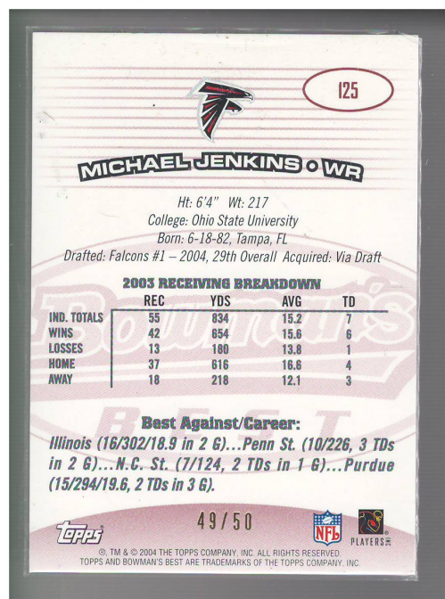 2004 Bowman's Best Red #125 Michael Jenkins JSY back image
