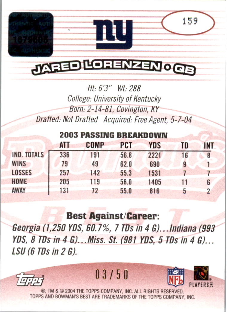 2004 Bowman's Best Red #159 Jared Lorenzen AU back image
