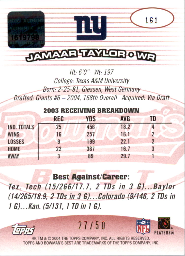 2004 Bowman's Best Red #161 Jamaar Taylor AU back image