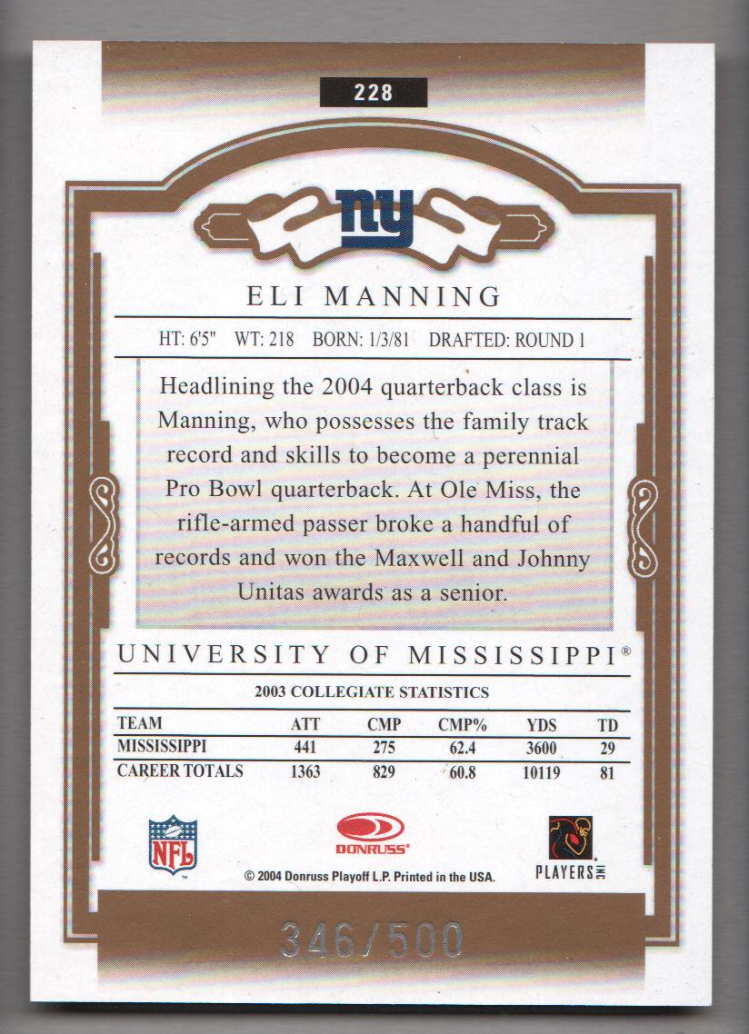 2004 Donruss Classics #228 Eli Manning RC back image