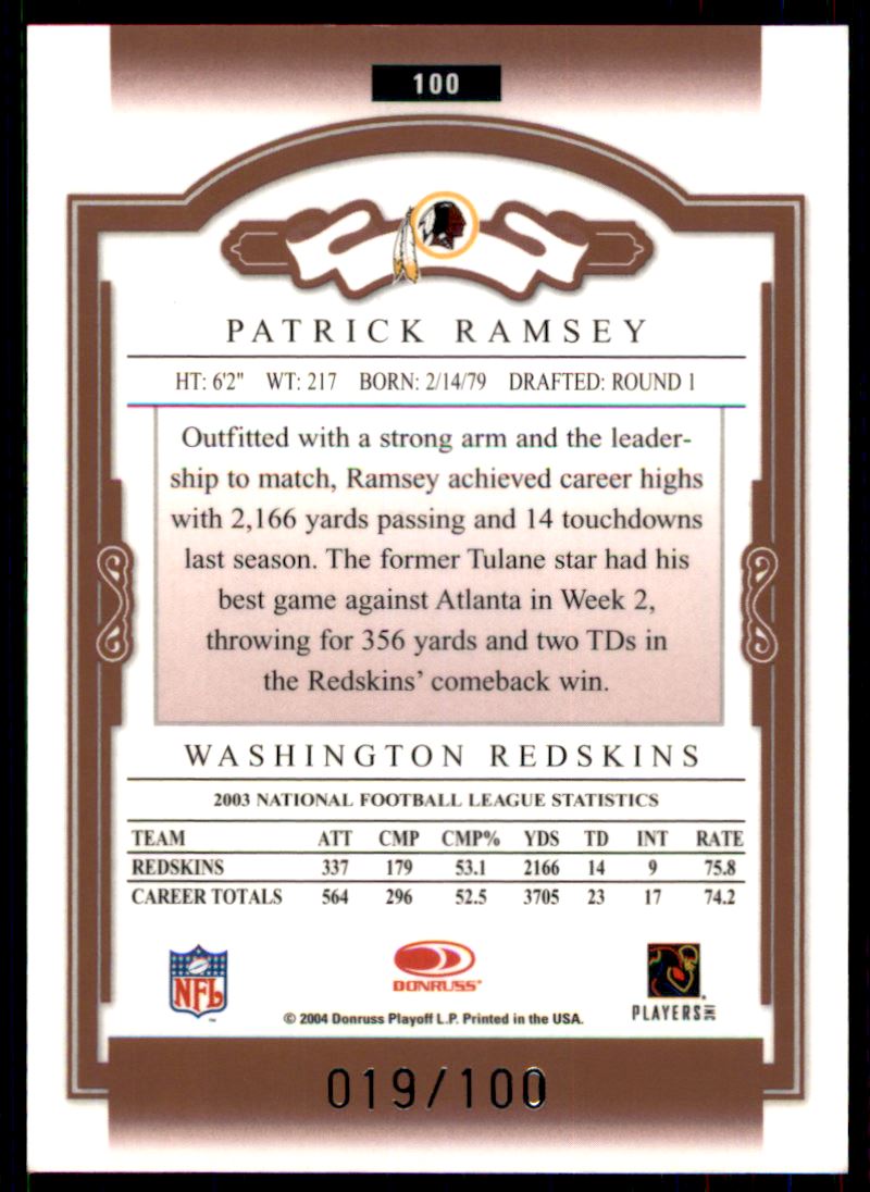2004 Donruss Classics Timeless Tributes Red #100 Patrick Ramsey back image